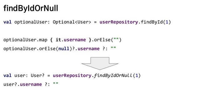 findByIdOrNull
val optionalUser: Optional = userRepository.findById(1)
optionalUser.map { it.username }.orElse("")
optionalUser.orElse(null)?.username ?: ""
val user: User? = userRepository.findByIdOrNull(1)
user?.username ?: ""

