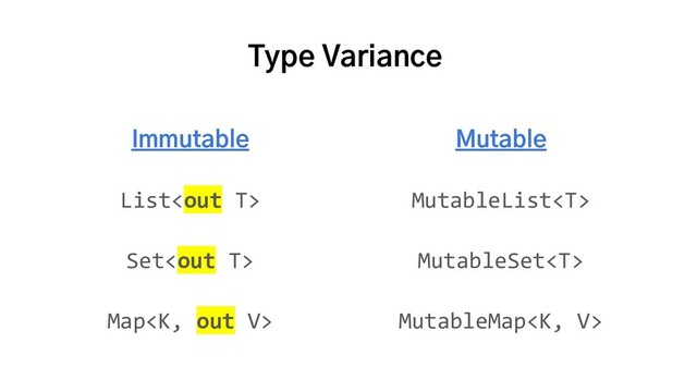 Type Variance
Immutable Mutable
List MutableList
Set MutableSet
Map MutableMap
