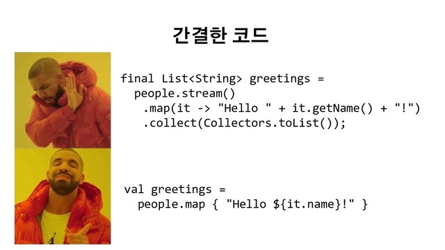 final List greetings =
people.stream()
.map(it -> "Hello " + it.getName() + "!")
.collect(Collectors.toList());
val greetings =
people.map { "Hello ${it.name}!" }
간결한 코드

