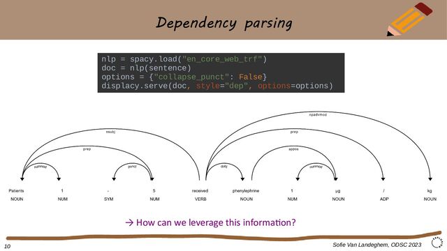 Dependency parsing
nlp = spacy.load("en_core_web_trf")
doc = nlp(sentence)
options = {"collapse_punct": False}
displacy.serve(doc, style="dep", options=options)
Sofie Van Landeghem, ODSC 2023
→ How can we leverage this information?
10
