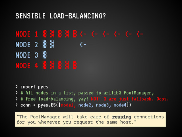 SENSIBLE LOAD-BALANCING?
NODE 1 ▒ ▒ ▒ ▒ ▒ <- <- <- <- <- <-
NODE 2 ▒ ▒ <-
NODE 3 ▒
NODE 4 ▒ ▒ ▒ ▒ ▒
> import pyes
> # All nodes in a list, passed to urllib3 PoolManager,
> # free load-balancing, yay! NOT! 3 are just fallback. Oops.
> conn = pyes.ES([node1, node2, node3, node4])
“The PoolManager will take care of reusing connections
for you whenever you request the same host.”
