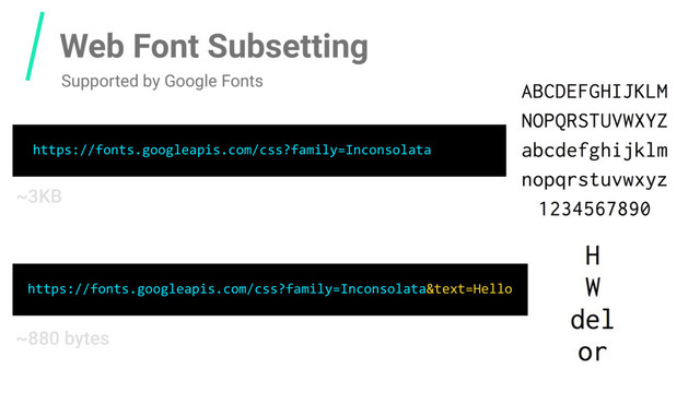 https://fonts.googleapis.com/css?family=Inconsolata
https://fonts.googleapis.com/css?family=Inconsolata&text=Hello
Web Font Subsetting
~3KB
~880 bytes
Supported by Google Fonts
