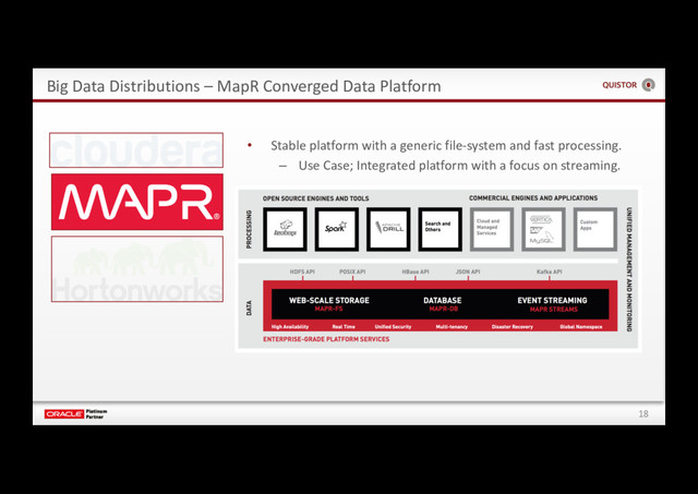 18
Big Data Distributions – MapR Converged Data Platform
• Stable platform with a generic file-system and fast processing.
– Use Case; Integrated platform with a focus on streaming.
