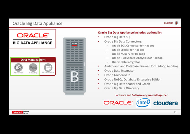 21
Oracle Big Data Appliance
Data Management
Reservoir Factory Warehouse
Hardware and Software engineered together
Oracle Big Data Appliance includes optionally:
• Oracle Big Data SQL
• Oracle Big Data Connectors:
– Oracle SQL Connector for Hadoop
– Oracle Loader for Hadoop
– Oracle XQuery for Hadoop
– Oracle R Advanced Analytics for Hadoop
– Oracle Data Integrator
• Audit Vault and Database Firewall for Hadoop Auditing
• Oracle Data Integrator
• Oracle GoldenGate
• Oracle NoSQL Database Enterprise Edition
• Oracle Big Data Spatial and Graph
• Oracle Big Data Discovery

