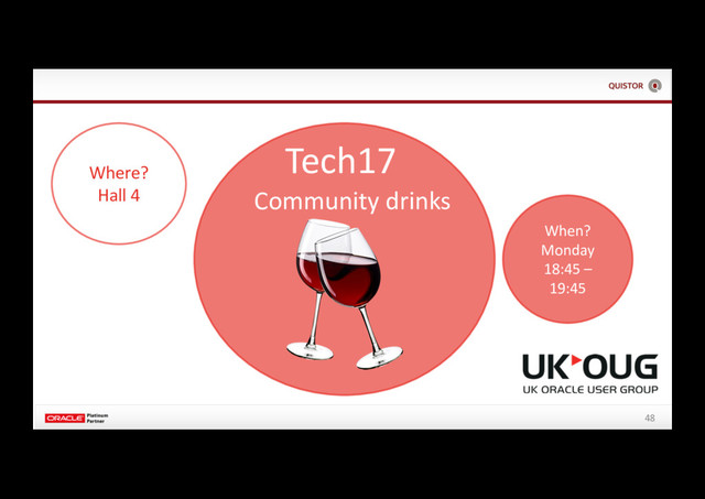 48
Where?
Hall 4
Tech17
Community drinks
When?
Monday
18:45 –
19:45
