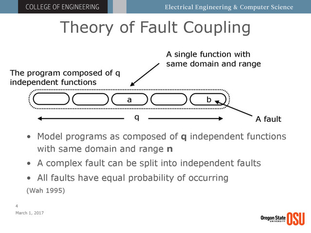 Theory of Fault Coupling
March 1, 2017
4
• Model programs as composed of q independent functions
with same domain and range n
• A complex fault can be split into independent faults
• All faults have equal probability of occurring
(Wah 1995)
The program composed of q
independent functions
A single function with
same domain and range
q
b
A fault
a
