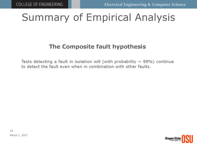 Summary of Empirical Analysis
March 1, 2017
34
The Composite fault hypothesis
Tests detecting a fault in isolation will (with probability ~ 99%) continue
to detect the fault even when in combination with other faults.
