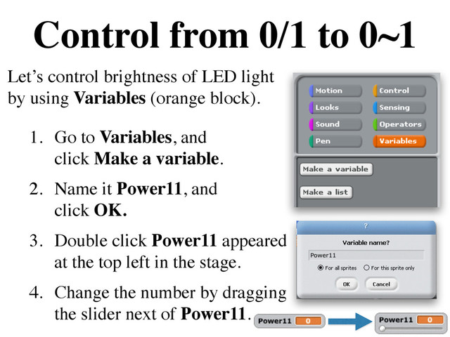 Control from 0/1 to 0~1
Let’s control brightness of LED light
by using Variables (orange block).	

1. Go to Variables, and  
click Make a variable.	

2. Name it Power11, and 
click OK.	

3. Double click Power11 appeared
at the top left in the stage.	

4. Change the number by dragging
the slider next of Power11.
