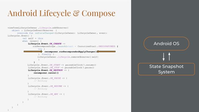 Android Lifecycle & Compose
viewTreeLifecycleOwner .lifecycle.addObserver(
object : LifecycleEventObserver {
override fun onStateChanged (lifecycleOwner: LifecycleOwner , event:
Lifecycle .Event) {
val self = this
when (event) {
Lifecycle.Event.ON_CREATE ->
runRecomposeScope .launch(start = CoroutineStart .UNDISPATCHED) {
try {
recomposer.runRecomposeAndApplyChanges()
} finally {
lifecycleOwner .lifecycle.removeObserver( self)
}
}
Lifecycle .Event.ON_START -> pausableClock ?.resume()
Lifecycle .Event.ON_STOP -> pausableClock ?.pause()
Lifecycle.Event.ON_DESTROY -> {
recomposer.cancel()
}
Lifecycle .Event.ON_PAUSE -> {
// Nothing
}
Lifecycle .Event.ON_RESUME -> {
// Nothing
}
Lifecycle .Event.ON_ANY -> {
// Nothing
}
}
}
}
)
Android OS
State Snapshot
System

