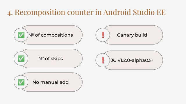 № of compositions
✅
№ of skips
✅
No manual add
✅
Canary build
❗
JC v1.2.0-alpha03+
❗
4. Recomposition counter in Android Studio EE
