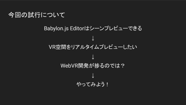今回の試行について
Babylon.js Editorはシーンプレビューできる
↓
VR空間をリアルタイムプレビューしたい
↓
WebVR開発が捗るのでは？
↓
やってみよう！
