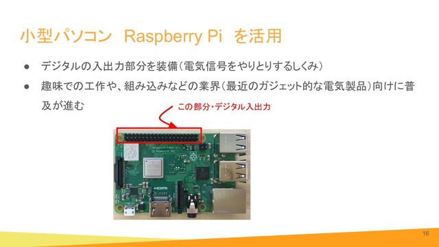小型パソコン　Raspberry Pi　を活用
16
● デジタルの入出力部分を装備（電気信号をやりとりするしくみ）
● 趣味での工作や、組み込みなどの業界（最近のガジェット的な電気製品）向けに普
及が進む この部分・デジタル入出力
