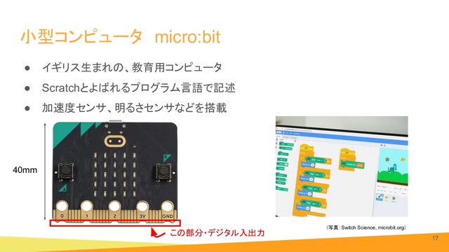 小型コンピュータ　micro:bit
● イギリス生まれの、教育用コンピュータ
● Scratchとよばれるプログラム言語で記述
● 加速度センサ、明るさセンサなどを搭載
17
（写真：Switch Science, microbit.org）
この部分・デジタル入出力
40mm
