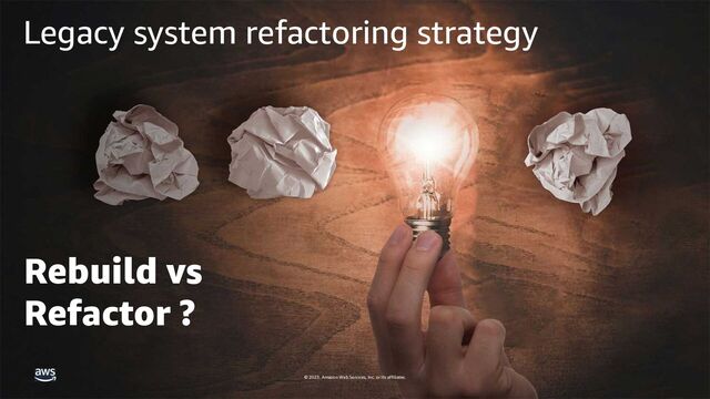 © 2023, Amazon Web Services, Inc. or its affiliates.
Legacy system refactoring strategy
Rebuild vs
Refactor ?

