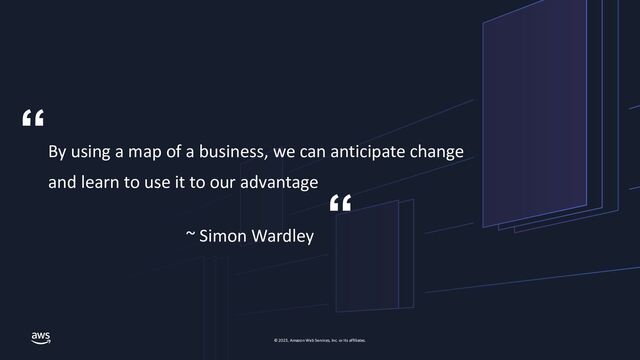 © 2023, Amazon Web Services, Inc. or its affiliates.
© 2023, Amazon Web Services, Inc. or its affiliates.
By using a map of a business, we can anticipate change
and learn to use it to our advantage
~ Simon Wardley
