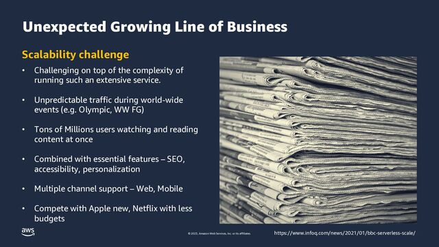© 2023, Amazon Web Services, Inc. or its affiliates.
Unexpected Growing Line of Business
Scalability challenge
45
https://www.infoq.com/news/2021/01/bbc-serverless-scale/
• Challenging on top of the complexity of
running such an extensive service.
• Unpredictable traffic during world-wide
events (e.g. Olympic, WW FG)
• Tons of Millions users watching and reading
content at once
• Combined with essential features – SEO,
accessibility, personalization
• Multiple channel support – Web, Mobile
• Compete with Apple new, Netflix with less
budgets
