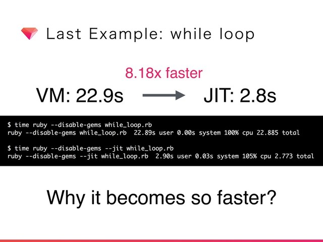 -BTU&YBNQMFXIJMFMPPQ
VM: 22.9s JIT: 2.8s
Why it becomes so faster?
8.18x faster
