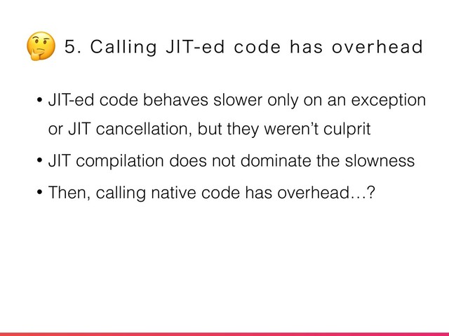 • JIT-ed code behaves slower only on an exception
or JIT cancellation, but they weren’t culprit
• JIT compilation does not dominate the slowness
• Then, calling native code has overhead…?
$BMMJOH+*5FEDPEFIBTPWFSIFBE


