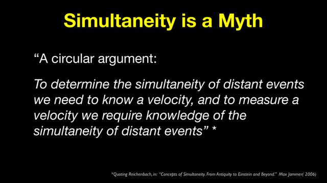 Simultaneity is a Myth
“A circular argument:

To determine the simultaneity of distant events
we need to know a velocity, and to measure a
velocity we require knowledge of the
simultaneity of distant events” *
*Quoting Reichenbach, in: “Concepts of Simultaneity. From Antiquity to Einstein and Beyond.” Max Jammer( 2006)
