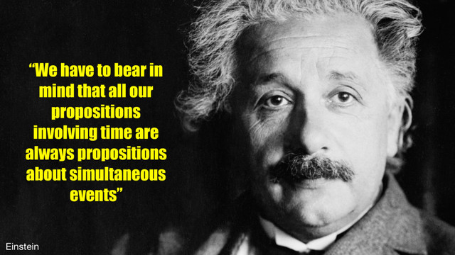 “We have to bear in
mind that all our
propositions
involving time are
always propositions
about simultaneous
events”
Einstein
