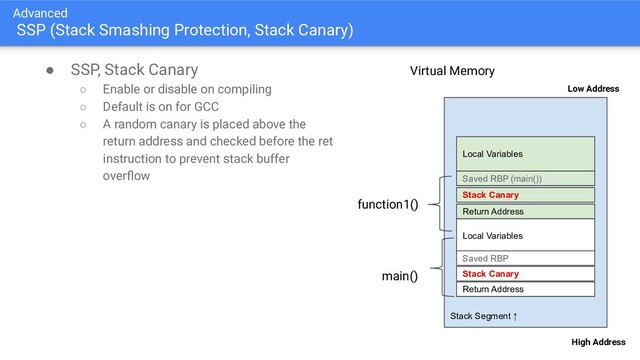 Advanced
SSP (Stack Smashing Protection, Stack Canary)
● SSP, Stack Canary
○ Enable or disable on compiling
○ Default is on for GCC
○ A random canary is placed above the
return address and checked before the ret
instruction to prevent stack buffer
overﬂow
Stack Segment ↑
High Address
Virtual Memory
Low Address
Return Address
Local Variables
main()
Return Address
Local Variables
function1()
Saved RBP
Saved RBP (main())
Stack Canary
Stack Canary
