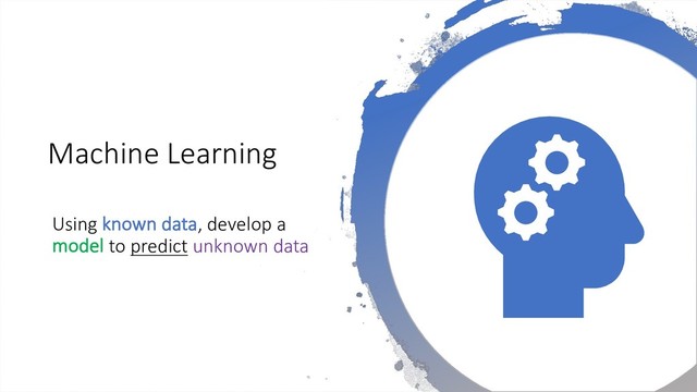 Machine Learning
Using known data, develop a
model to predict unknown data
