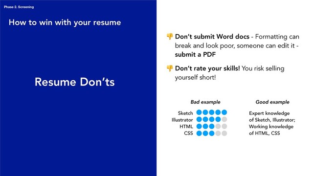 Resume Don’ts
 Don’t submit Word docs - Formatting can
break and look poor, someone can edit it -
submit a PDF
 Don’t rate your skills! You risk selling
yourself short!
How to win with your resume
Expert knowledge
of Sketch, Illustrator;
Working knowledge
of HTML, CSS
Good example
Sketch
Illustrator
HTML
CSS
Bad example
Phase 2. Screening
