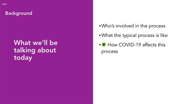 Background
Intro
• Who’s involved in the process
• What the typical process is like
•
 How COVID-19 affects this
process
What we’ll be
talking about
today
