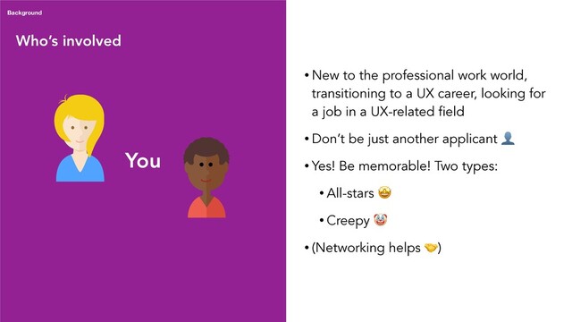 Who’s involved
Background
• New to the professional work world,
transitioning to a UX career, looking for
a job in a UX-related field
• Don’t be just another applicant 
• Yes! Be memorable! Two types:
• All-stars 
• Creepy 
• (Networking helps )
You
