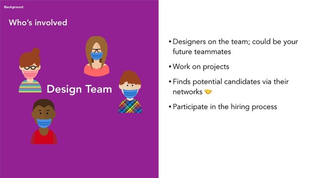 Who’s involved
• Designers on the team; could be your
future teammates
• Work on projects
• Finds potential candidates via their
networks 
• Participate in the hiring process
Background
Design Team
