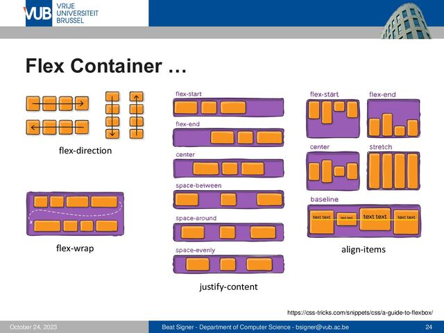 Beat Signer - Department of Computer Science - bsigner@vub.ac.be 24
October 24, 2023
Flex Container …
flex-direction
flex-wrap
justify-content
https://css-tricks.com/snippets/css/a-guide-to-flexbox/
align-items
