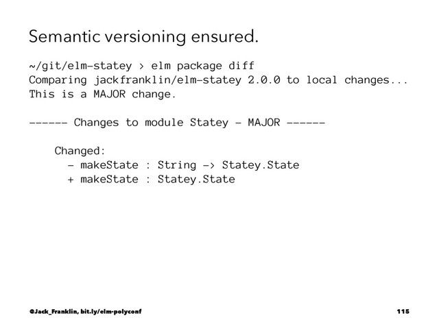 Semantic versioning ensured.
~/git/elm-statey > elm package diff
Comparing jackfranklin/elm-statey 2.0.0 to local changes...
This is a MAJOR change.
------ Changes to module Statey - MAJOR ------
Changed:
- makeState : String -> Statey.State
+ makeState : Statey.State
@Jack_Franklin, bit.ly/elm-polyconf 115
