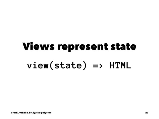 Views represent state
view(state) => HTML
@Jack_Franklin, bit.ly/elm-polyconf 22
