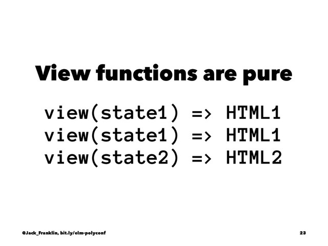 View functions are pure
view(state1) => HTML1
view(state1) => HTML1
view(state2) => HTML2
@Jack_Franklin, bit.ly/elm-polyconf 23
