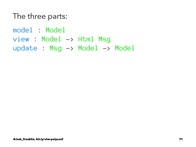 The three parts:
model : Model
view : Model -> Html Msg
update : Msg -> Model -> Model
@Jack_Franklin, bit.ly/elm-polyconf 71
