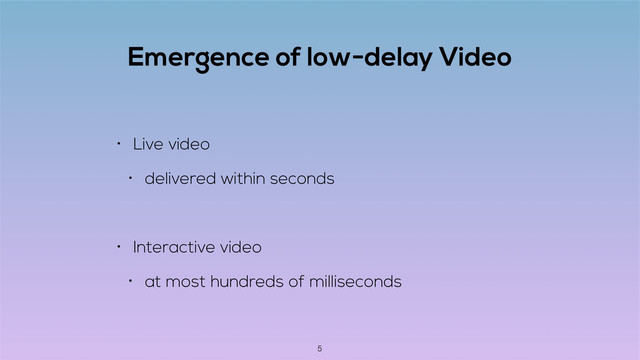 Emergence of low-delay Video
• Live video
• delivered within seconds
• Interactive video
• at most hundreds of milliseconds
5
