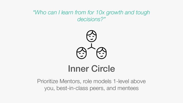 Inner Circle
Prioritize Mentors, role models 1-level above
you, best-in-class peers, and mentees
“Who can I learn from for 10x growth and tough
decisions?”
