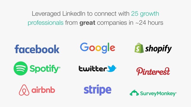Leveraged LinkedIn to connect with 25 growth
professionals from great companies in ~24 hours
