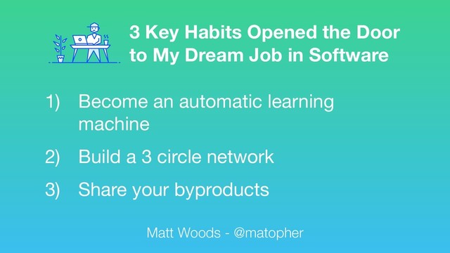 Matt Woods - @matopher
3 Key Habits Opened the Door
to My Dream Job in Software
1) Become an automatic learning
machine

2) Build a 3 circle network

3) Share your byproducts
