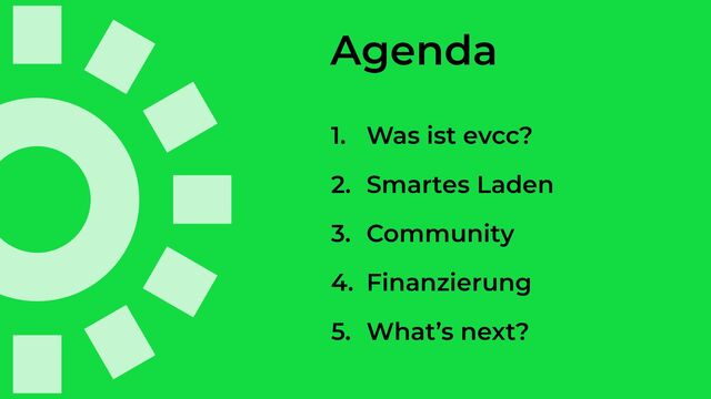 Agenda
1. Was ist evcc?


2. Smartes Laden


3. Community


4. Finanzierung


5. What’s next?
