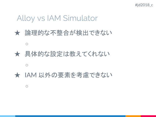 Alloy vs IAM Simulator
★ 論理的な不整合が検出できない
○
★ 具体的な設定は教えてくれない
○
★ IAM 以外の要素を考慮できない
○
#jd2018_c
