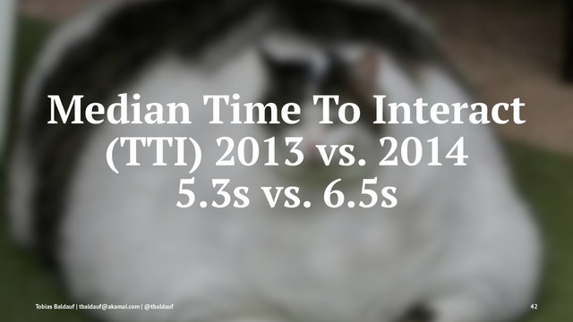 Median Time To Interact
(TTI) 2013 vs. 2014
5.3s vs. 6.5s
Tobias Baldauf | tbaldauf@akamai.com | @tbaldauf 42
