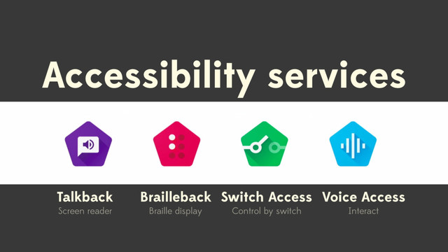 Accessibility services
Talkback
Screen reader
Brailleback
Braille display
Switch Access
Control by switch
Voice Access
Interact
