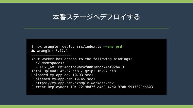 ຊ൪εςʔδ΁σϓϩΠ͢Δ
$ npx wrangler deploy src/index.ts —-env prd
 
⛅ wrangler 3.17.1


-------------------


Your worker has access to the following bindings:


- KV Namespaces:


- TEST_KV: 6054ddfbe0bc4f00b1abaa74af92b413


Total Upload: 45.37 KiB / gzip: 10.97 KiB


Uploaded my-app-dev (0.93 sec)


Published my-app-prd (0.45 sec)


https://my-app-prd.example.workers.dev


Current Deployment ID: 7219bd7f-e4d3-47d0-970b-5917523da603

