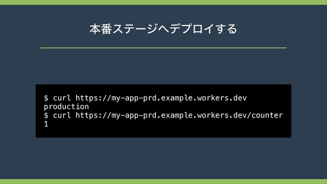 ຊ൪εςʔδ΁σϓϩΠ͢Δ
$ curl https://my-app-prd.example.workers.dev
 
production
 
$ curl https://my-app-prd.example.workers.dev/counter


1

