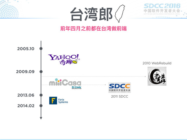 台湾郎
2005.10
2009.09
2013.06
2014.02
2010 WebRebuild
2011 SDCC
前年年四⽉月之前都在台湾做前端
