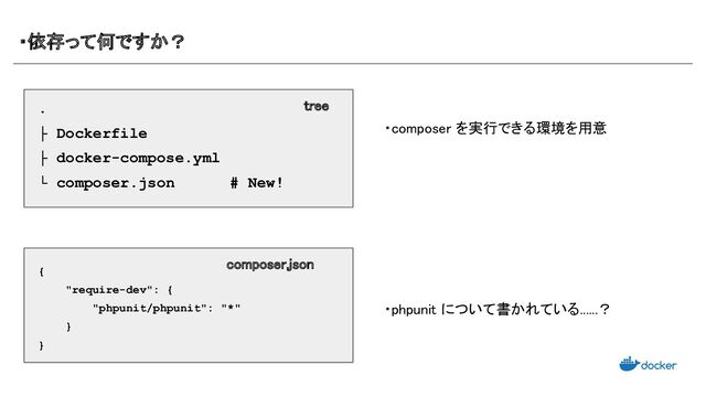 ・依存って何ですか？ 
・composer を実行できる環境を用意 
.
├ Dockerfile
├ docker-compose.yml
└ composer.json # New!
{
"require-dev": {
"phpunit/phpunit": "*"
}
}
・phpunit について書かれている......？ 
tree 
composer.json 
