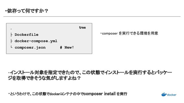 ・依存って何ですか？ 
.
├ Dockerfile
├ docker-compose.yml
└ composer.json # New!
・composer を実行できる環境を用意 
tree 
・インストール対象を指定できたので、この状態でインストールを実行するとパッケー
ジを取得できそうな気がしますよね？ 
 
 
・というわけで、この状態でdockerコンテナの中で composer install を実行 
 
