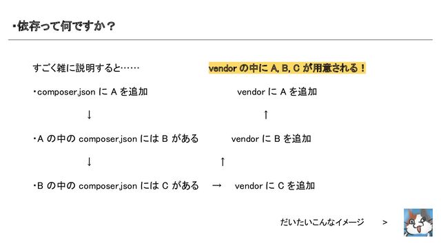 ・依存って何ですか？ 
すごく雑に説明すると…… vendor の中に A, B, C が用意される！ 
 
・composer.json に A を追加 vendor に A を追加
 
 
　　　　　　　　↓ ↑
 
 
・A の中の composer.json には B がある　　　　　vendor に B を追加
 
 
　　　　　　　　↓　　　　　　　　　　　　　　　　　　　↑
 
 
・B の中の composer.json には C がある　　→　　vendor に C を追加　
 
だいたいこんなイメージ >
