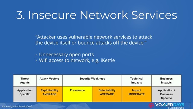 #voxxed_lu #IotSecurityConf
Threat
Agents
Attack Vectors Security Weakness Technical
Impacts
Business
Impacts
Application
Specific
Exploitability
AVERAGE
Prevalence Detectability
AVERAGE
Impact
MODERATE
Application /
Business
Specific
3. Insecure Network Services
“Attacker uses vulnerable network services to attack
the device itself or bounce attacks off the device.”
• Unnecessary open ports
• Wifi access to network, e.g. iKettle
